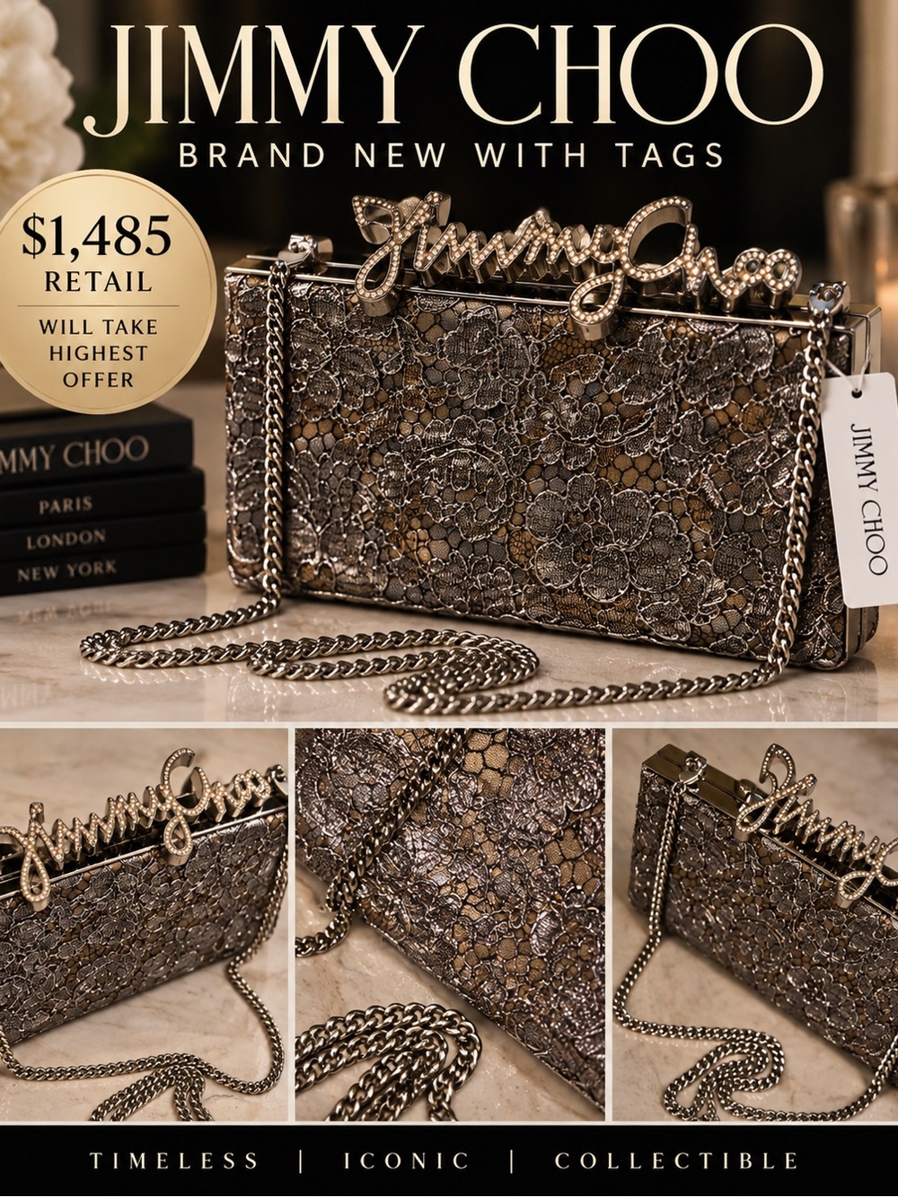 Jimmy Choo Metallic Gold Lace Evening Clutch with Crystal Logo